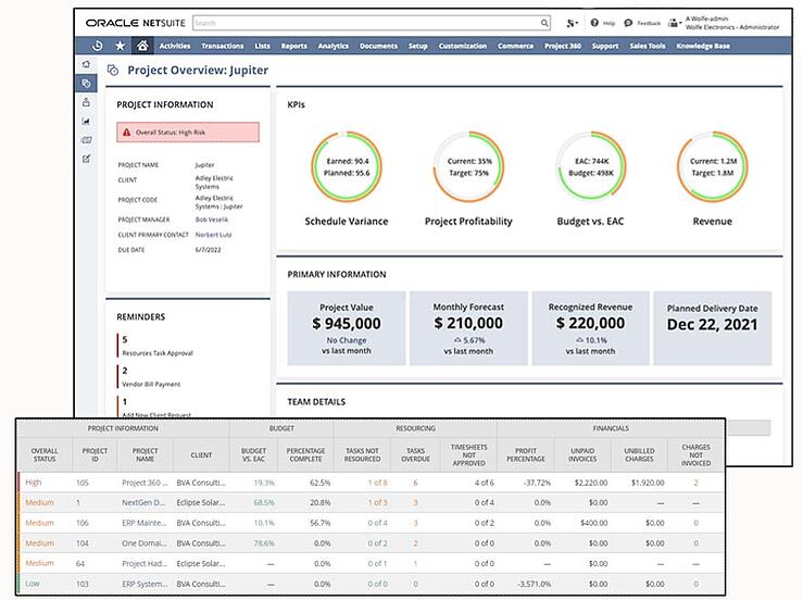 NetSuite Project 360 dashboard
