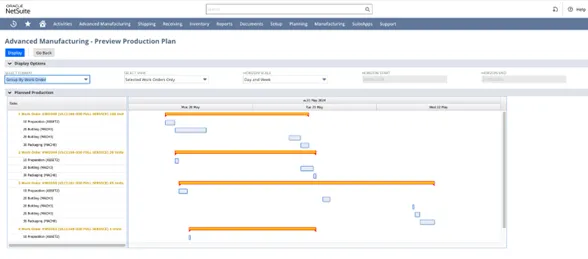 NetSuite Advanced Manufacturing Production Plan dashboard