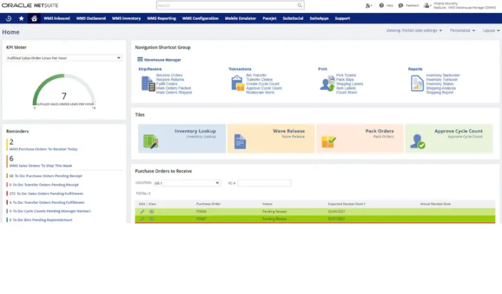 NetSuite Warehouse Management WMS dashboard Warehouse Management System (WMS): Improves inventory tracking and integrates financial impact analysis with accounting functionalities.