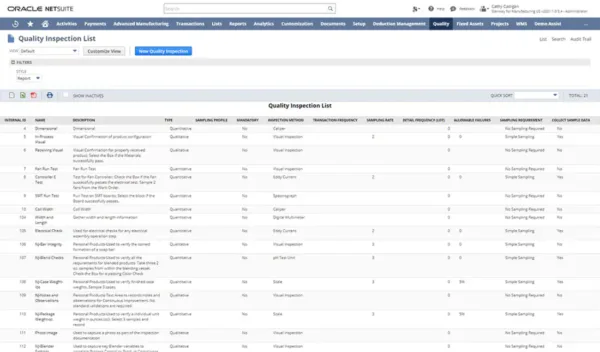 quality-inspection-list NetSuite Advanced Manufacturing Quality Inspection List