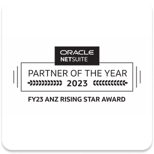 Oracle NetSuite Partner of the Year 2023 – FY23 ANZ Rising Star Award. Oracle NetSuite Partner of the Year 2023 – FY23 ANZ Rising Star Award badge.