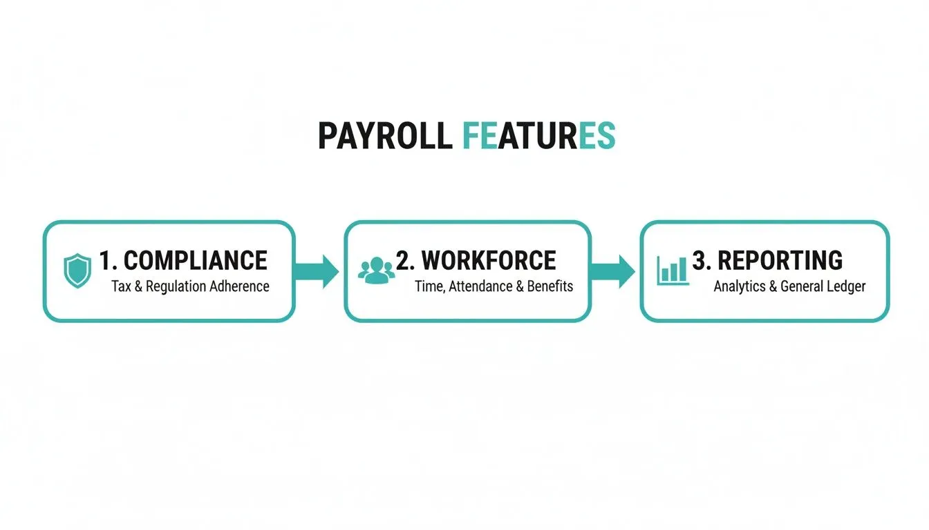Flowchart showing three payroll features: compliance, workforce management, and reporting with icons.