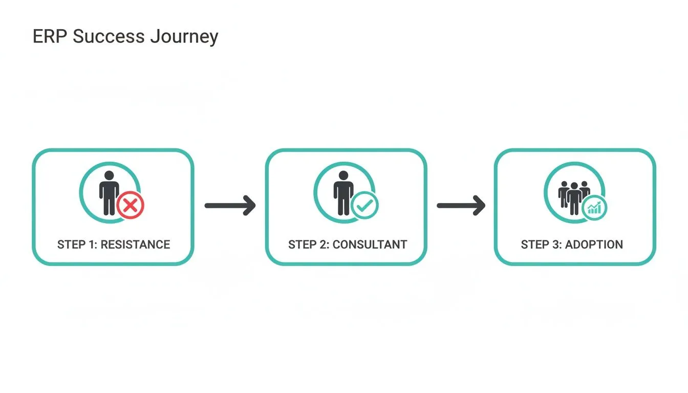 A diagram illustrating the ERP success journey from resistance to consultant involvement and team adoption.