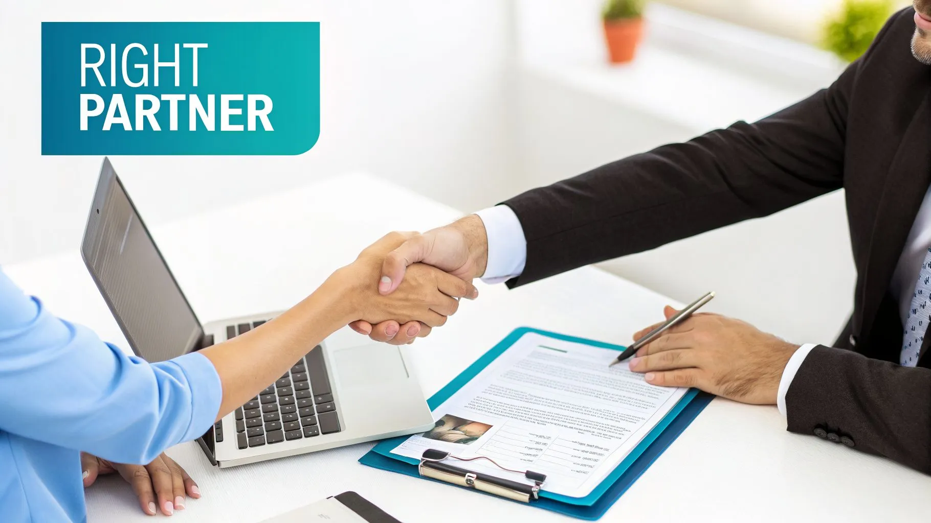 Two business professionals shaking hands across a table with a laptop and documents, symbolizing partnership.