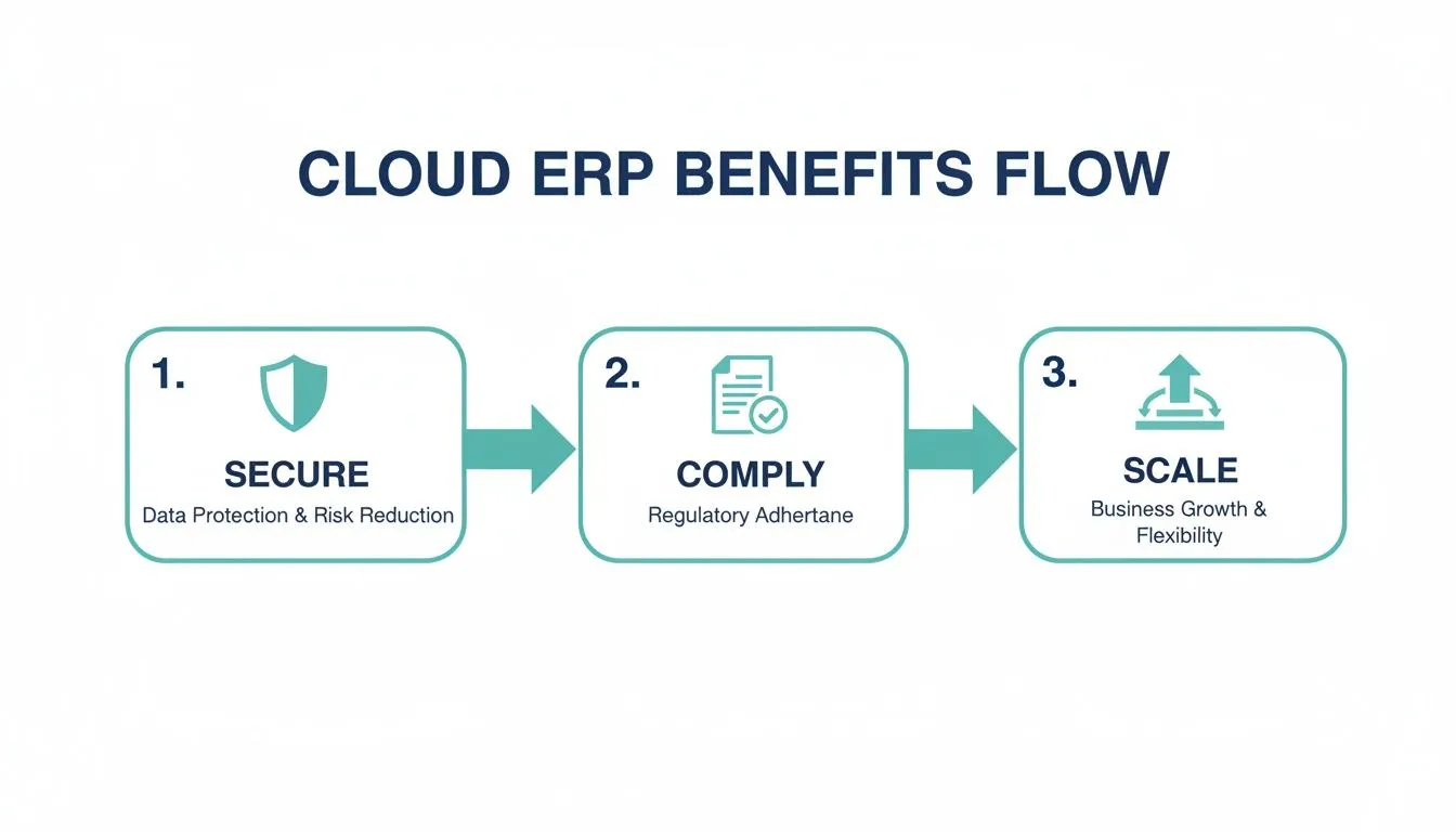A flowchart illustrates cloud ERP benefits: enhanced security, compliance, and business scalability.