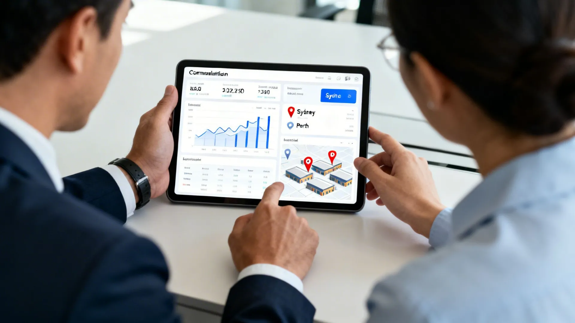 Two professionals collaborate, analyzing a business data dashboard displayed on a tablet with charts and maps.