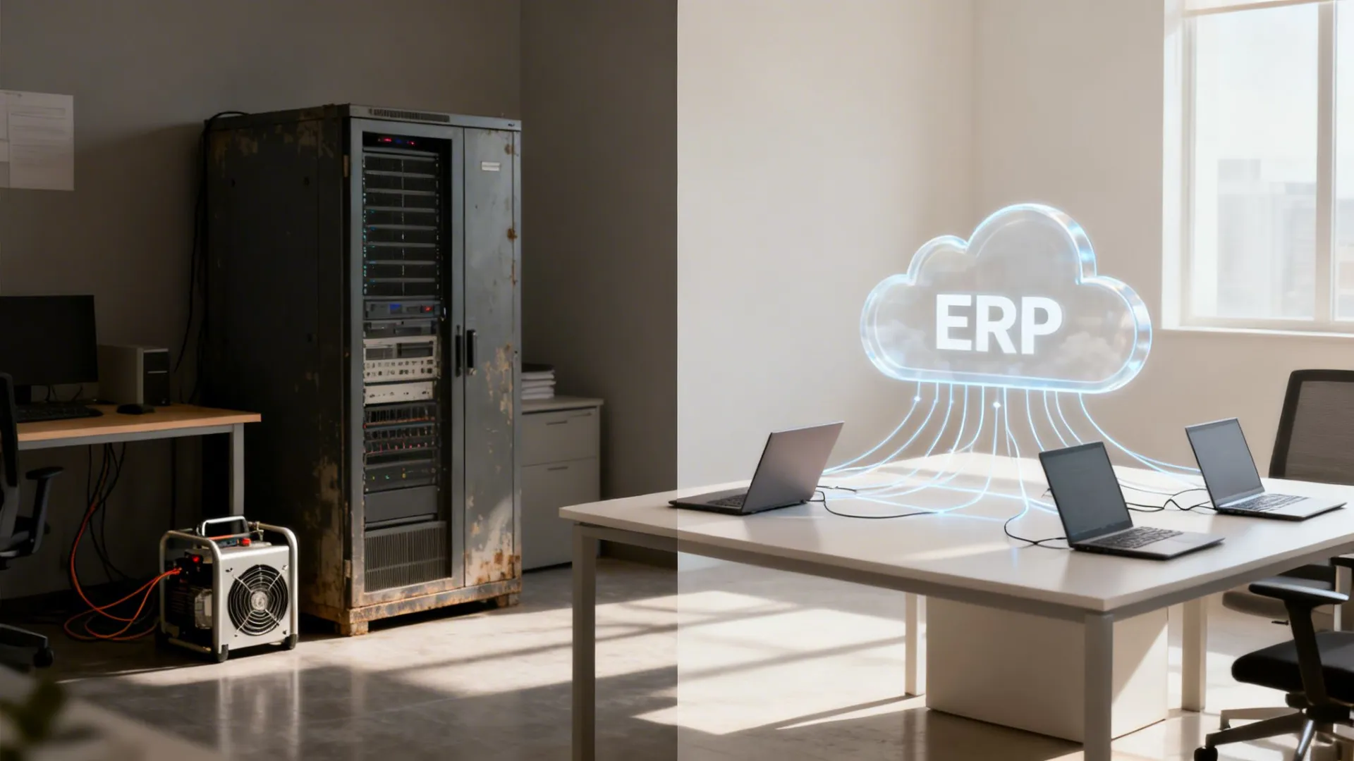 Two scenes contrasting an on-premise server room with an office using cloud ERP software.