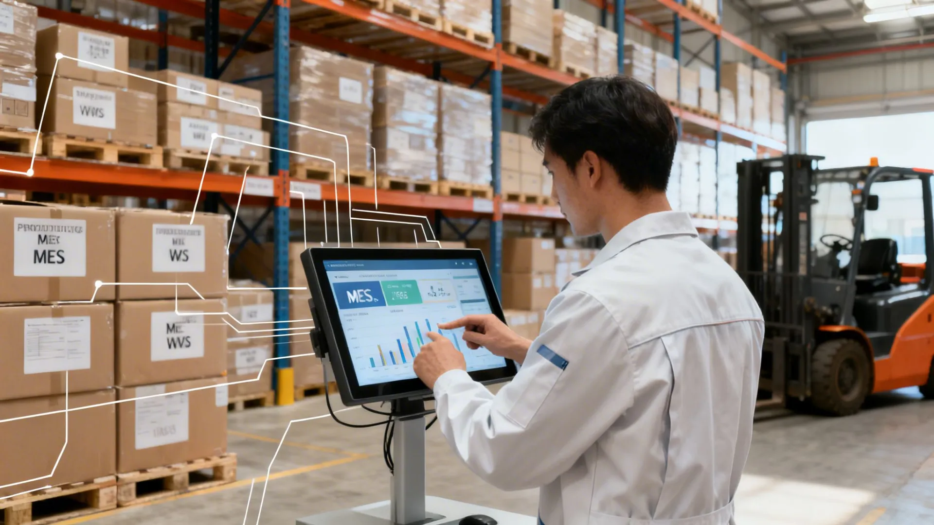 Man in a warehouse using a digital tablet to manage inventory with a data overlay.