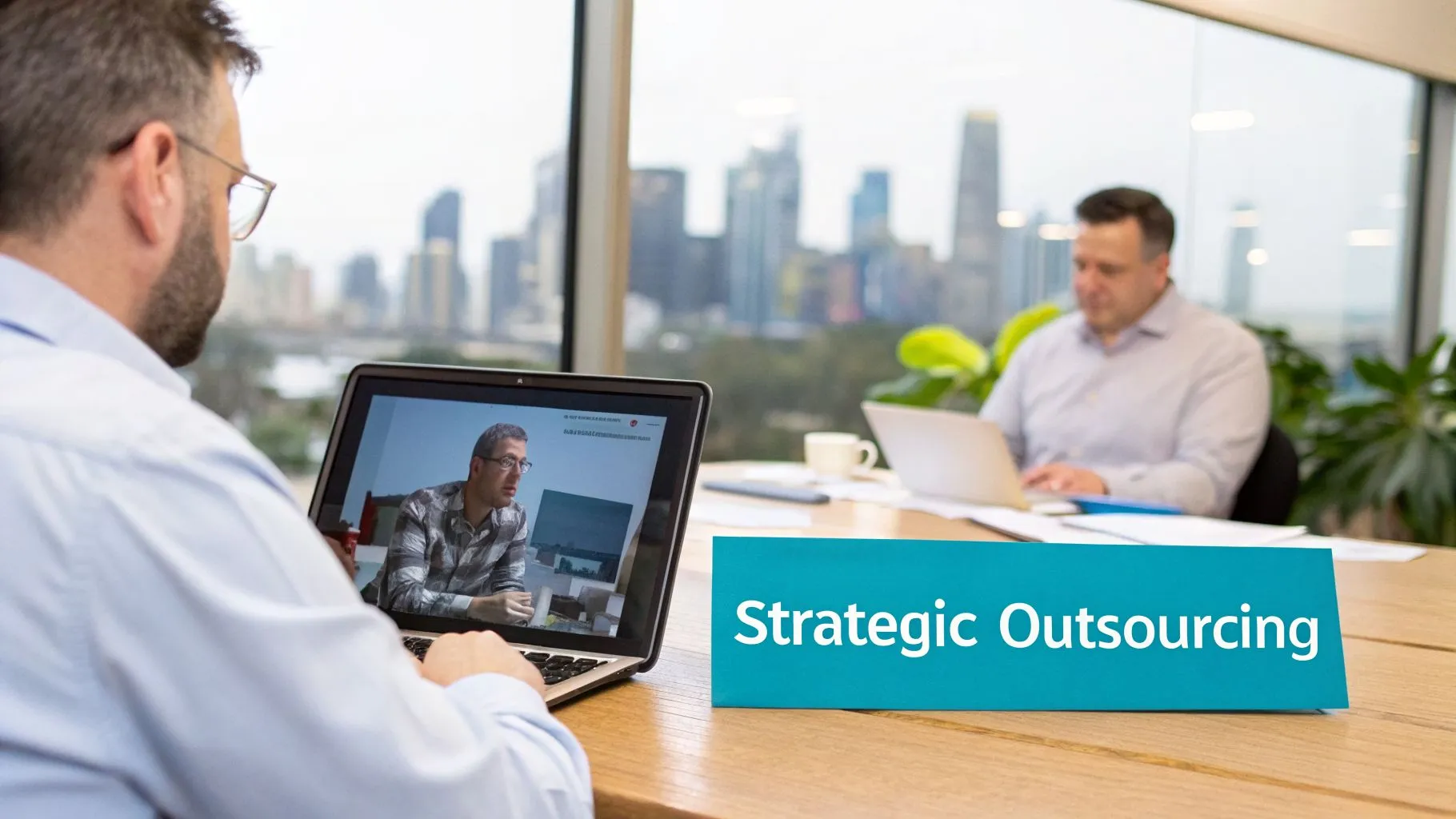 Man on video call discusses strategic outsourcing with colleague in a modern office setting.
