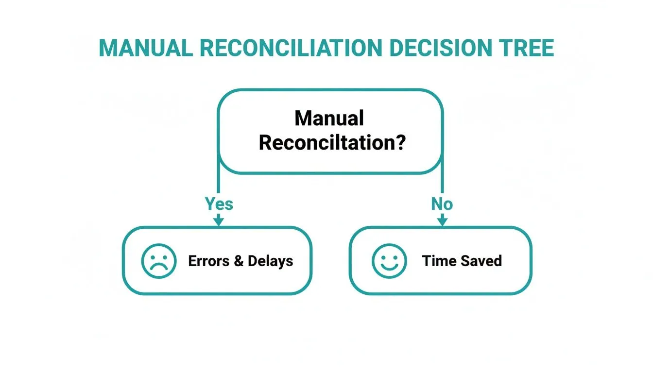 A decision tree illustrating the negative impact of manual reconciliation versus time saved without it.
