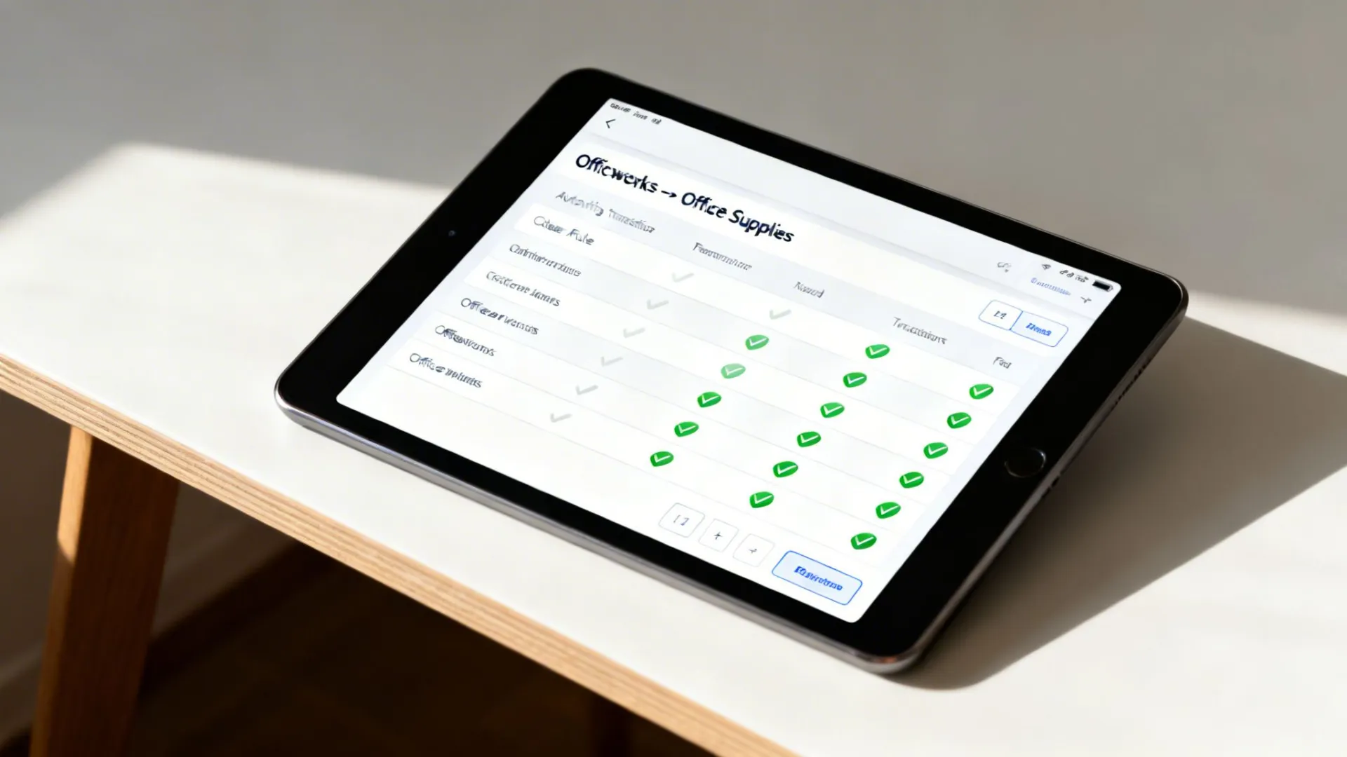 An iPad displays a digital dashboard for managing Officeworks office supplies with green checkmarks.
