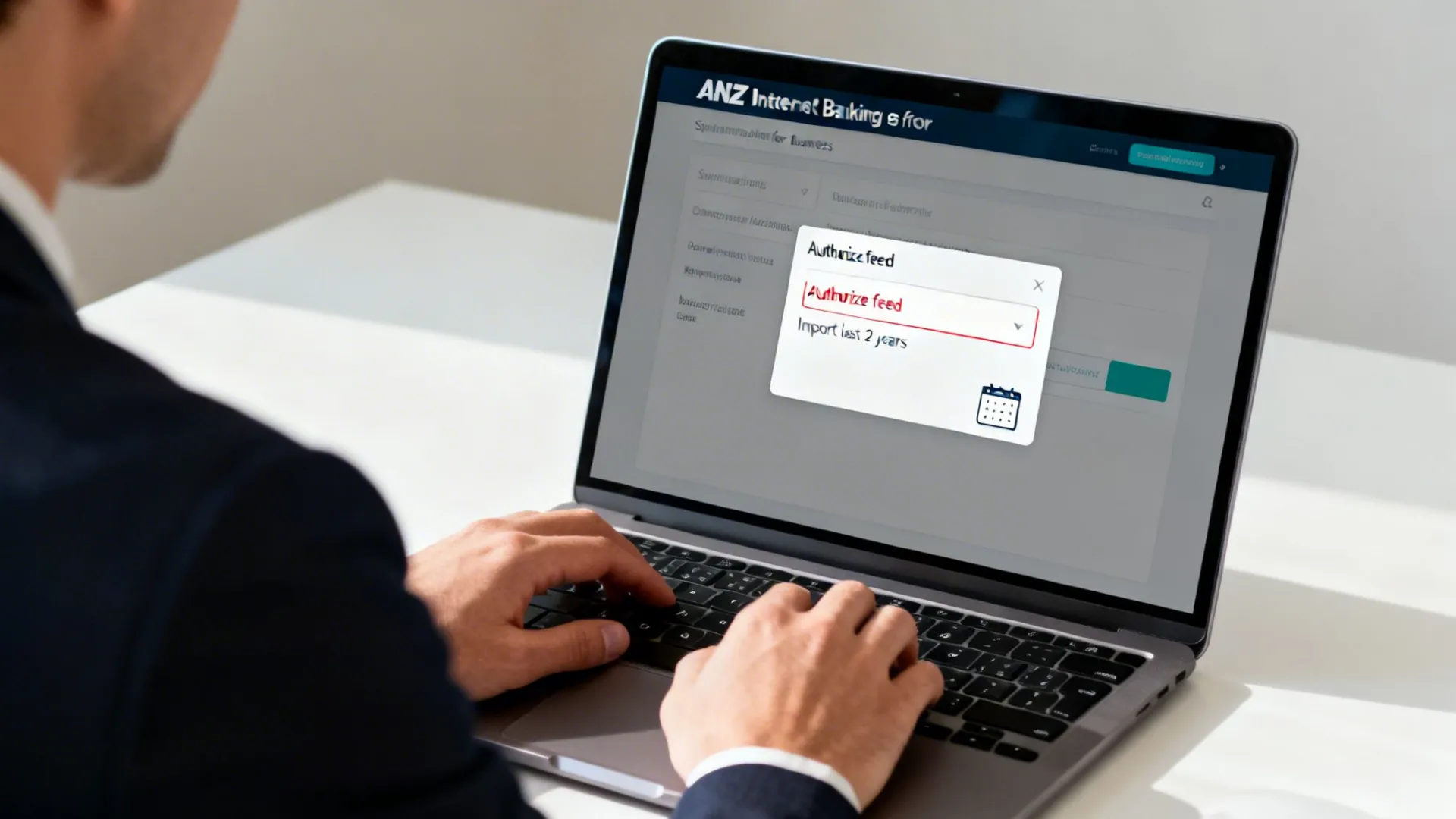A man in a suit uses a laptop to authorize bank feed import on ANZ Internet Banking.