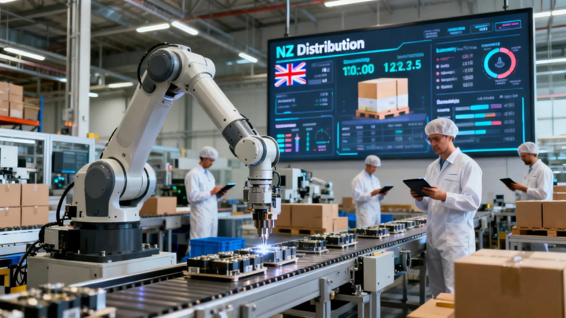 A technician using a tablet in a modern factory with automated robotic systems and digital dashboard displays.