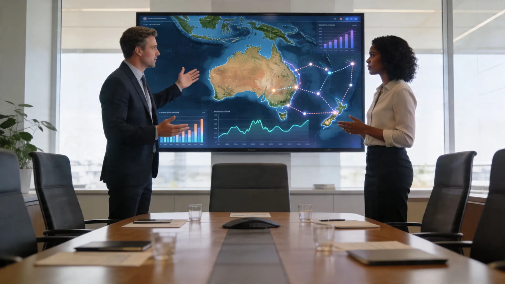 A professional man and woman discussing business strategy in front of a digital world map display screen.