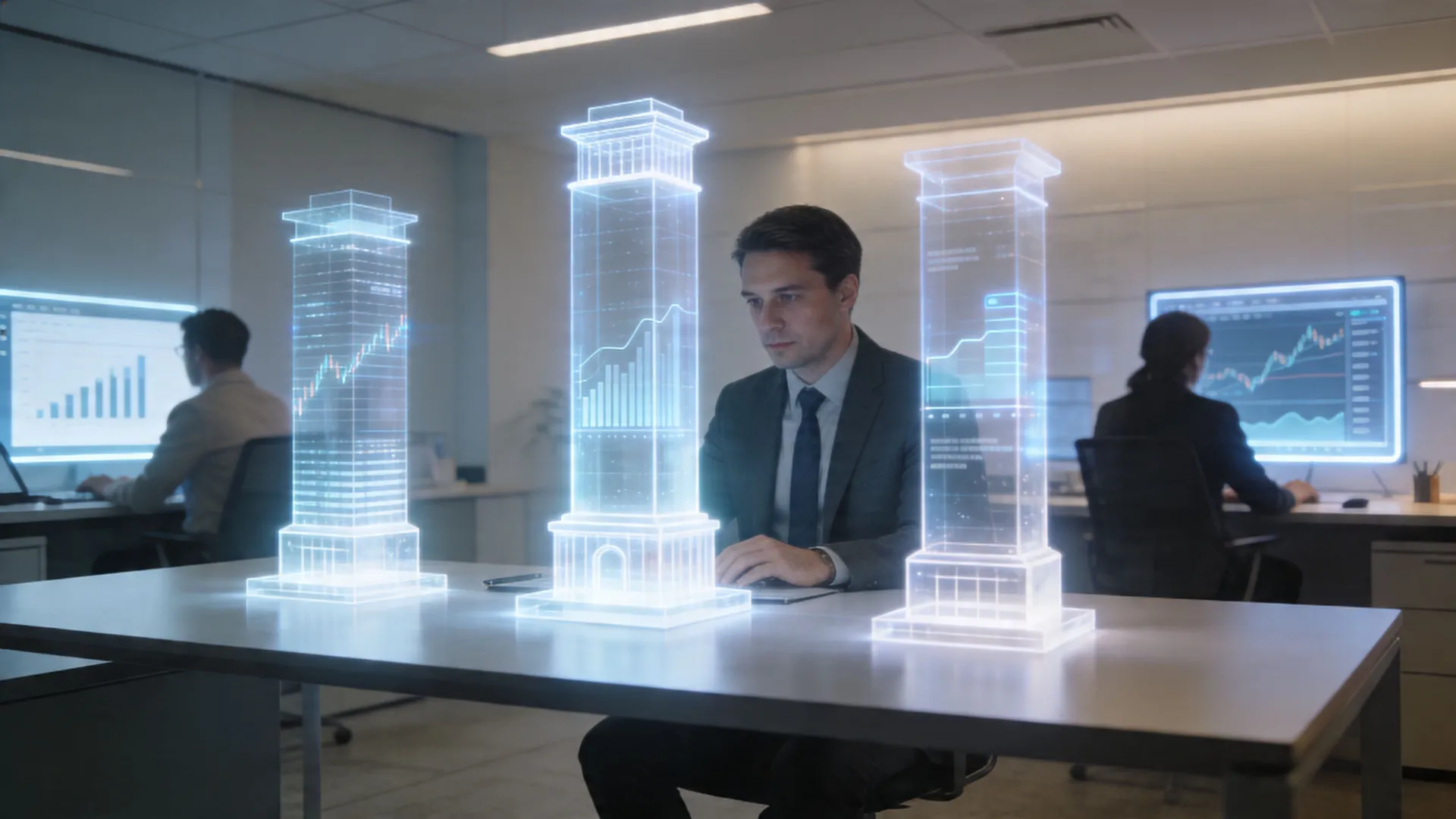 A professional man works on a laptop with holographic 3D financial buildings in a modern office.