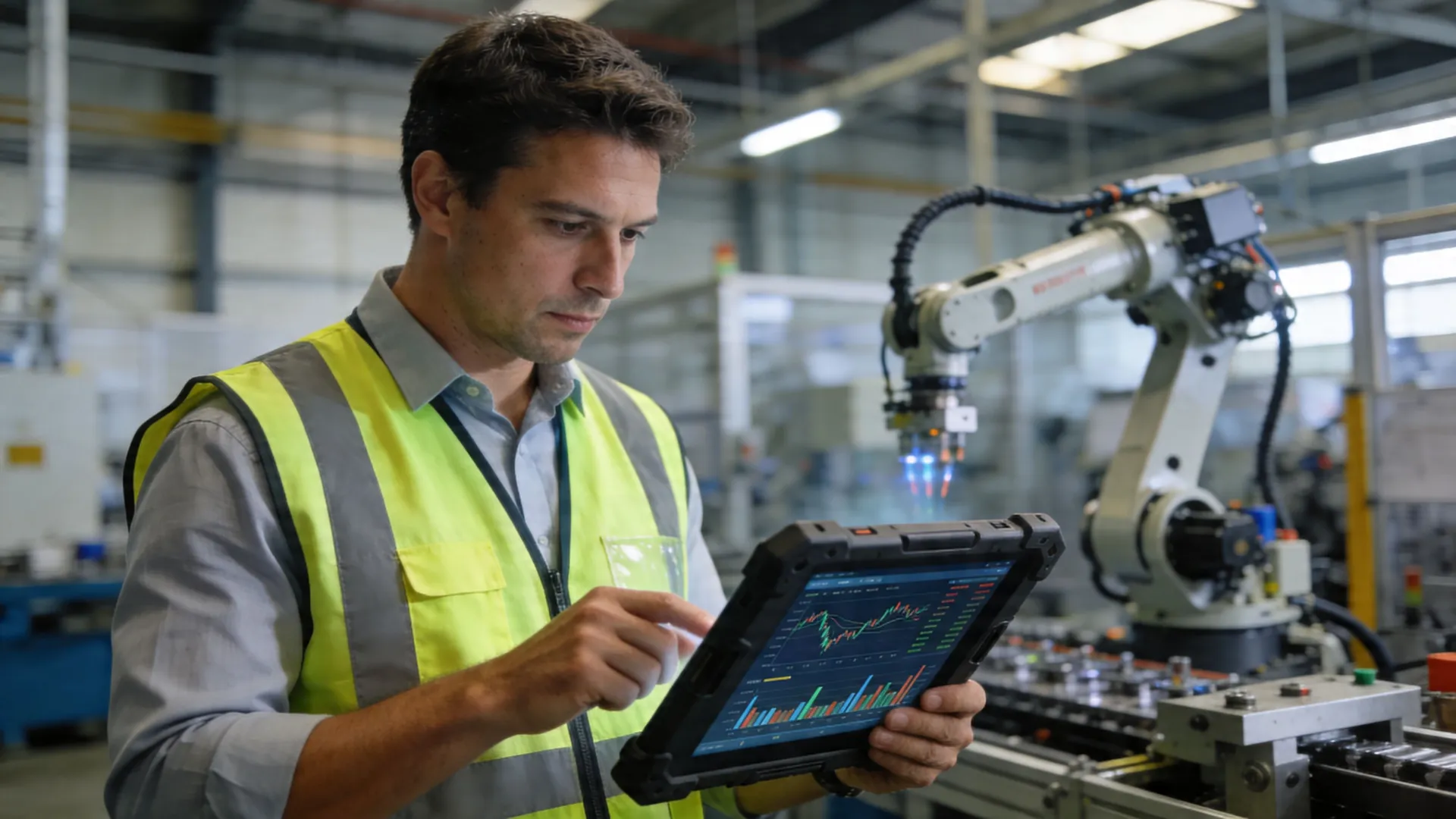 A factory worker in a safety vest monitors industrial robotic processes using a digital tablet.