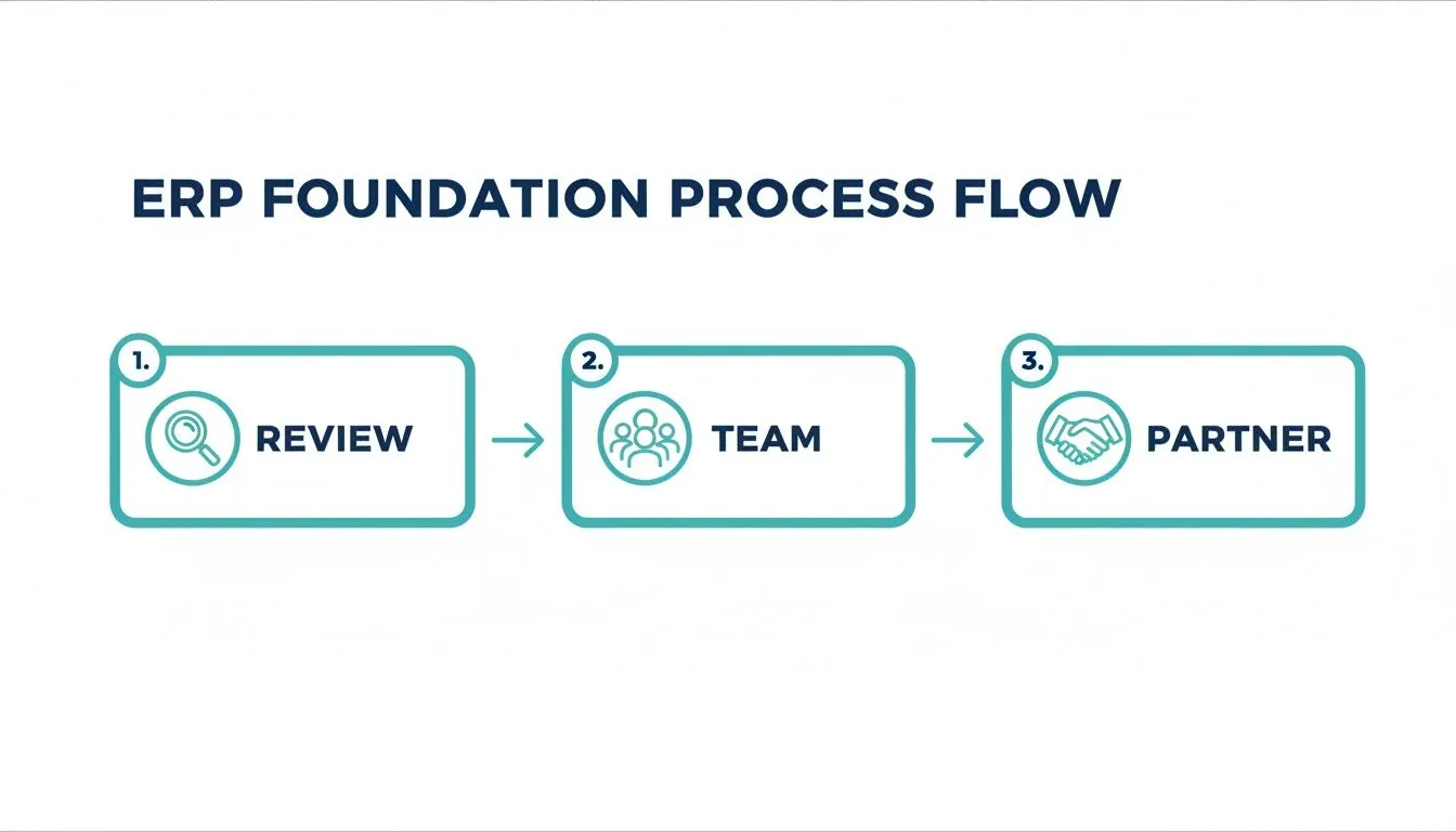 A diagram illustrating the ERP Foundation process flow with steps: Review, Team, and Partner, connected by arrows.