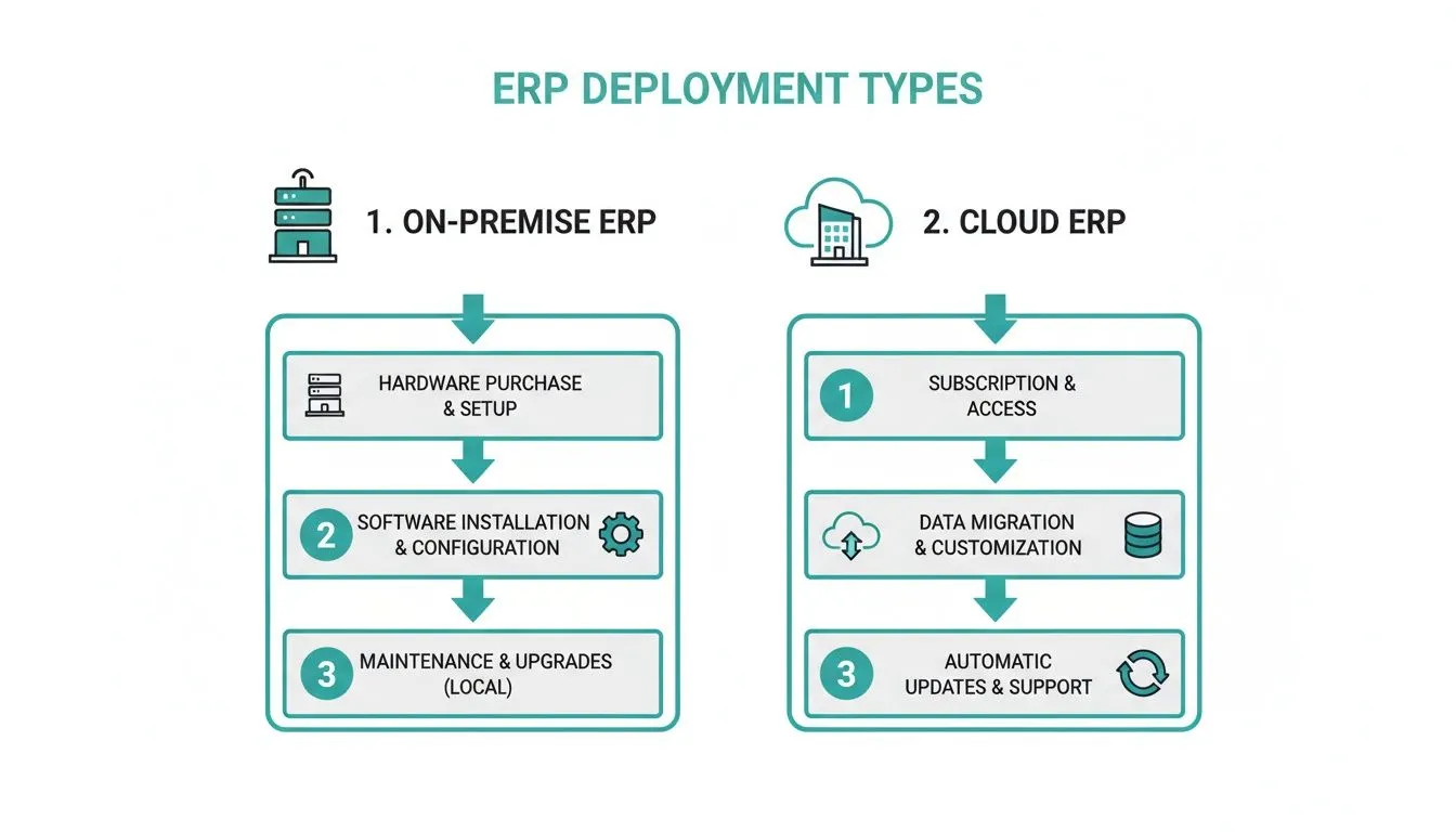 Diagram comparing on-premise and cloud ERP deployment types with their respective steps.