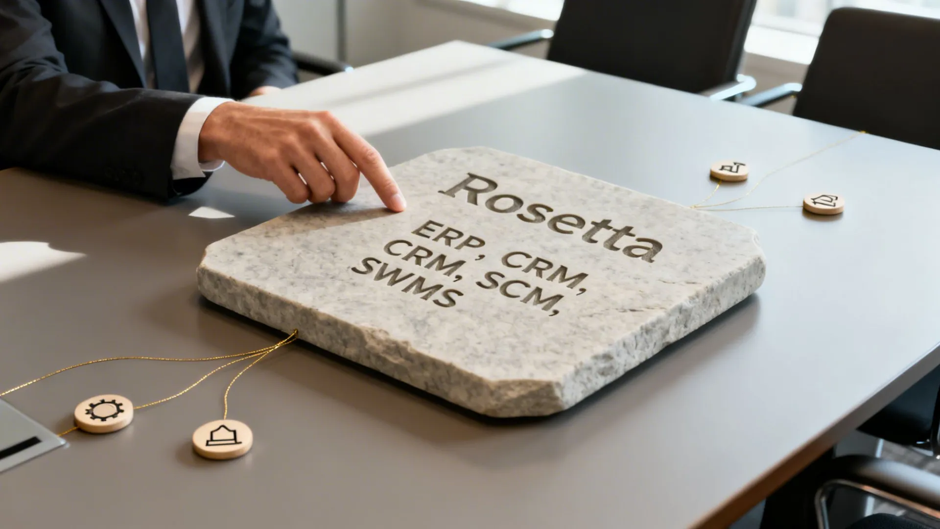 A business professional's hand points to a stone tablet inscribed with 'Rosetta' and ERP, CRM, SCM, SWMS on a table.