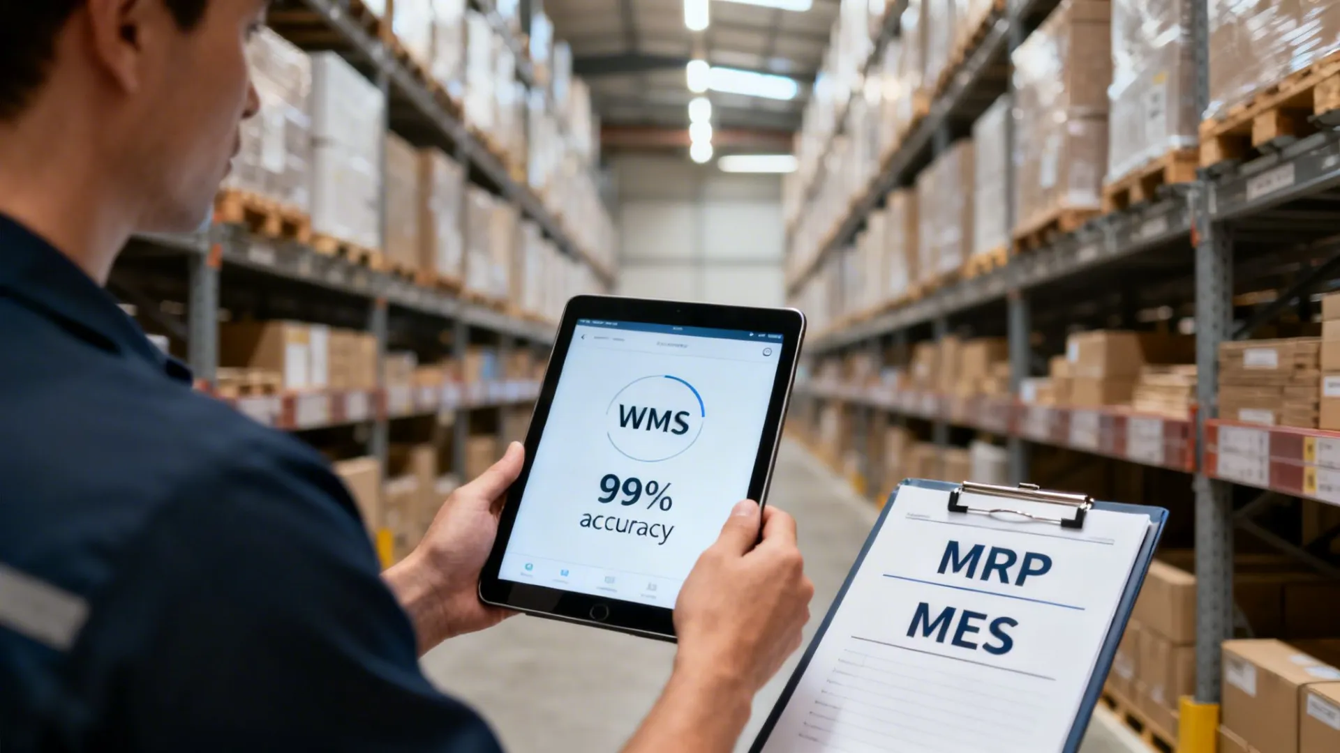 Warehouse worker checking WMS accuracy on a tablet, with an MRP MES clipboard.