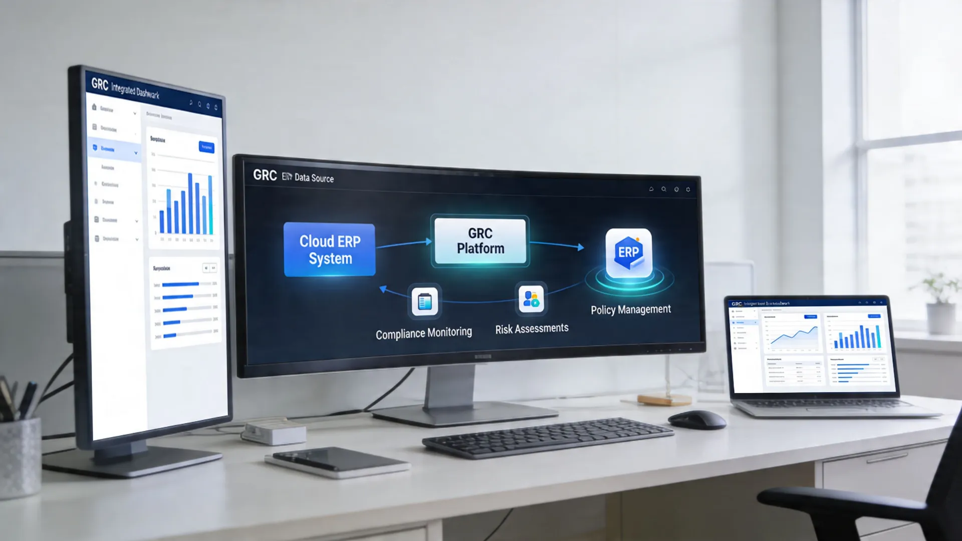 A professional office desk with monitors displaying GRC software dashboards and an ERP system data flow diagram.
