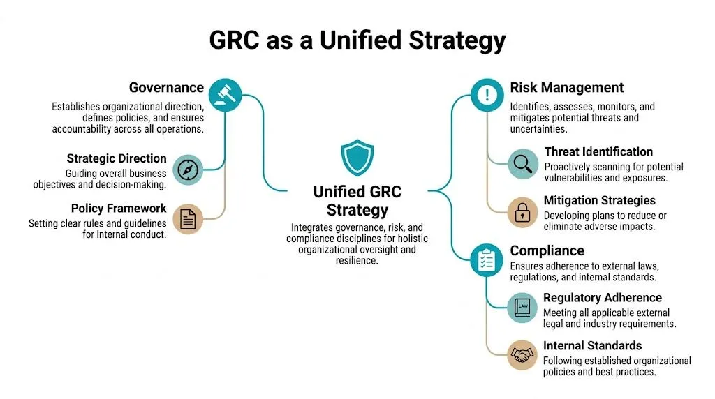 A diagram illustrating a unified GRC strategy integrating governance, risk management, and compliance disciplines for organizational resilience.