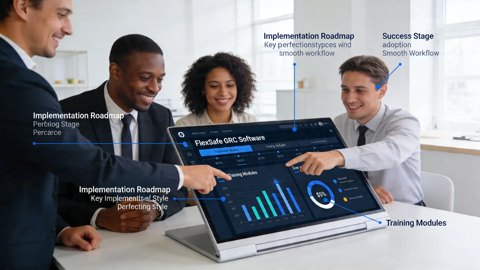 A professional team collaborating on a laptop displaying FlexSafe GRC governance risk management and compliance software dashboards.