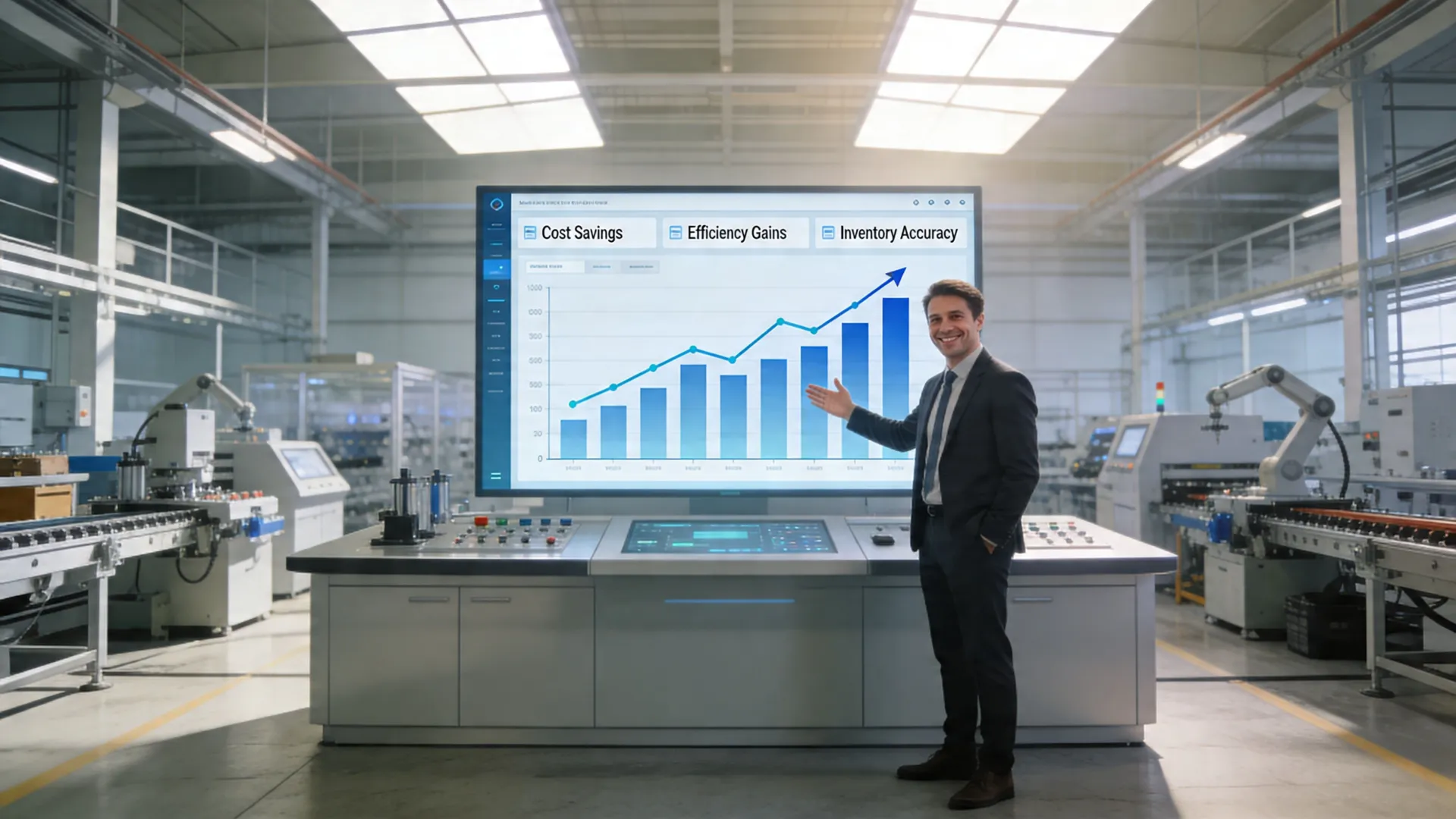 A professional man in a suit presenting positive manufacturing growth trends on a large factory dashboard screen.