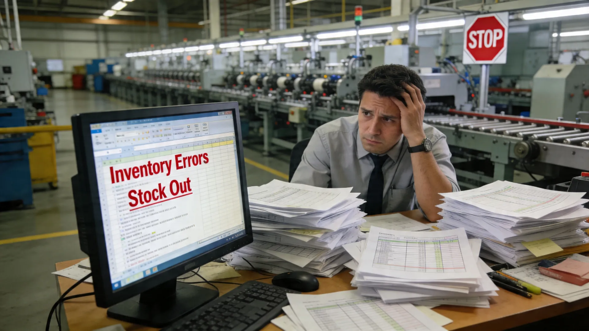 A stressed factory manager sitting at a desk overflowing with paperwork while facing inventory error messages.