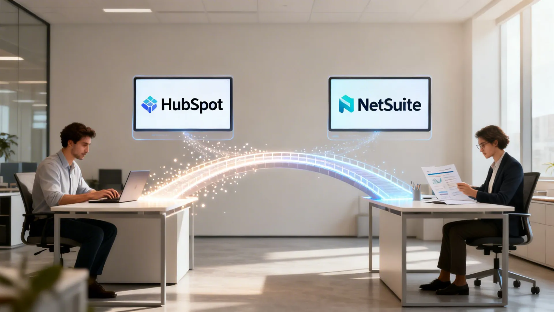 Two professionals in an office, with HubSpot and NetSuite logos connected by a digital bridge.