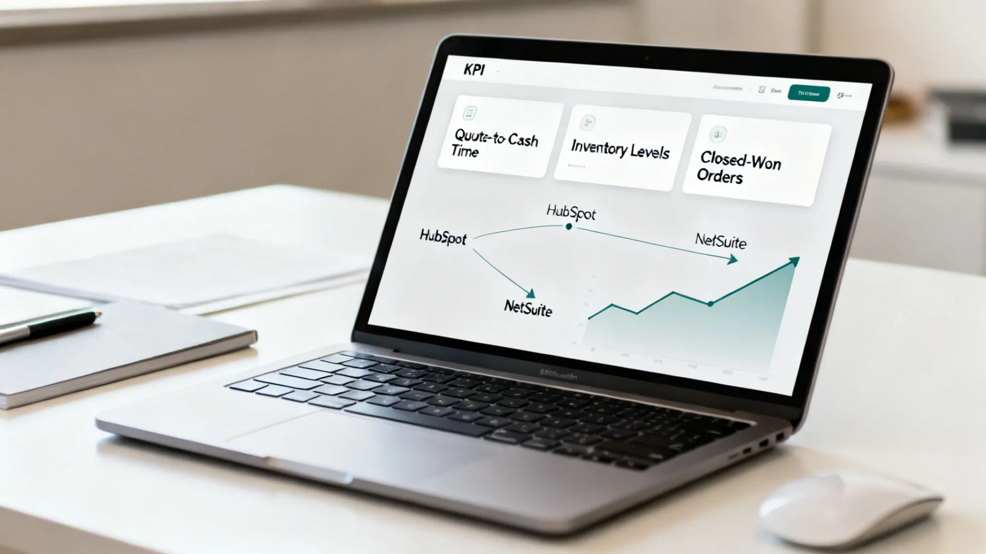 Laptop displaying a business KPI dashboard with HubSpot and NetSuite integration, showing various performance metrics and a growth graph.