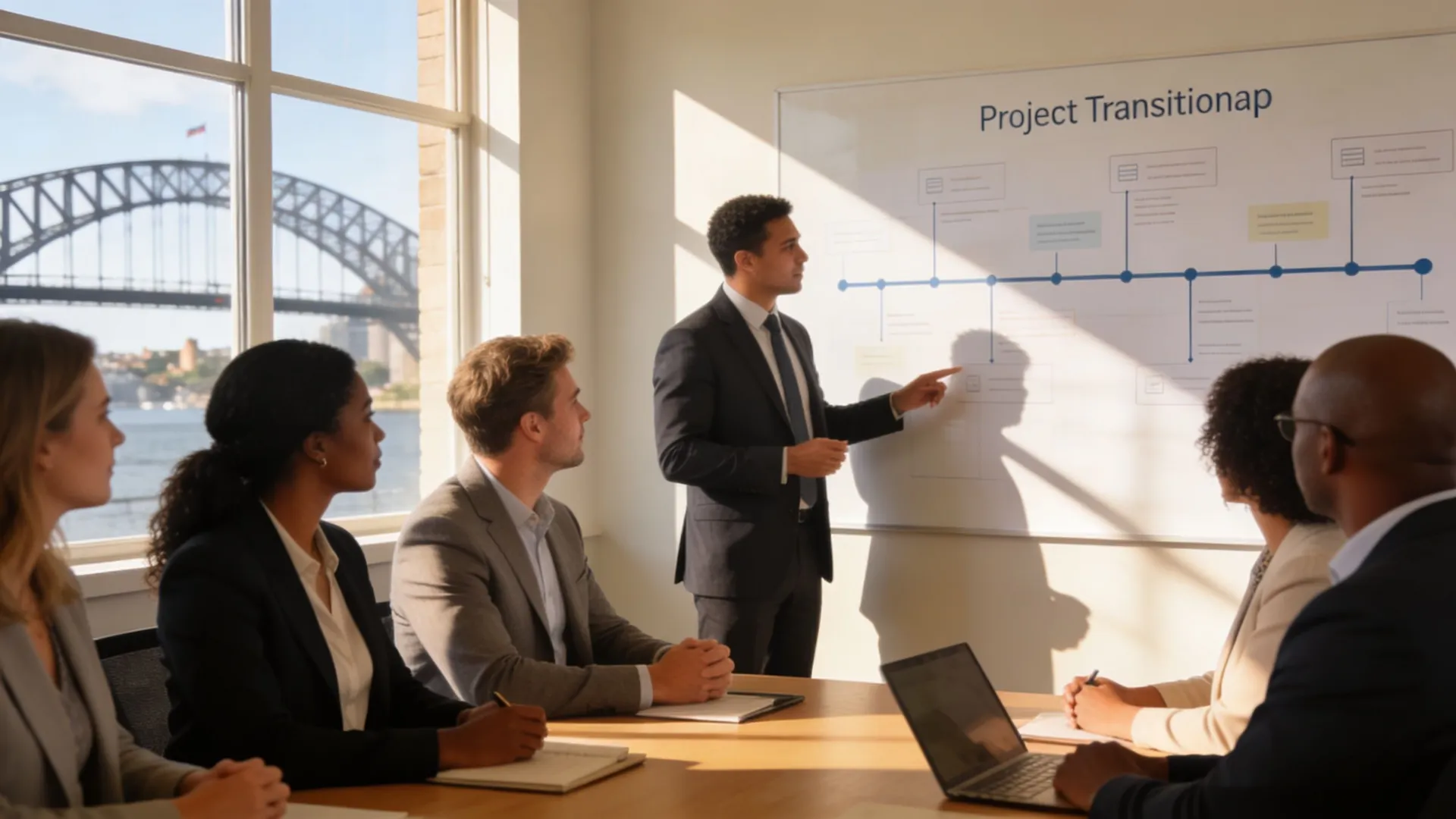 A professional man presents a project roadmap to his colleagues in an office overlooking a bridge.