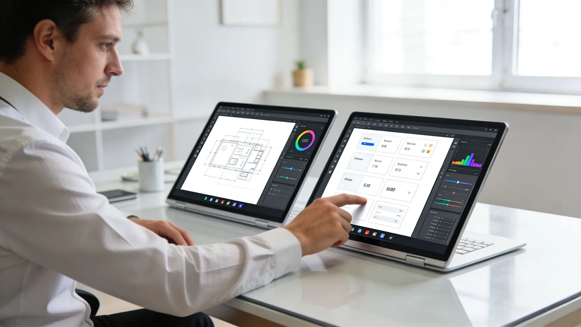 A professional man in a white shirt interacts with data dashboards on two side-by-side laptop screens.
