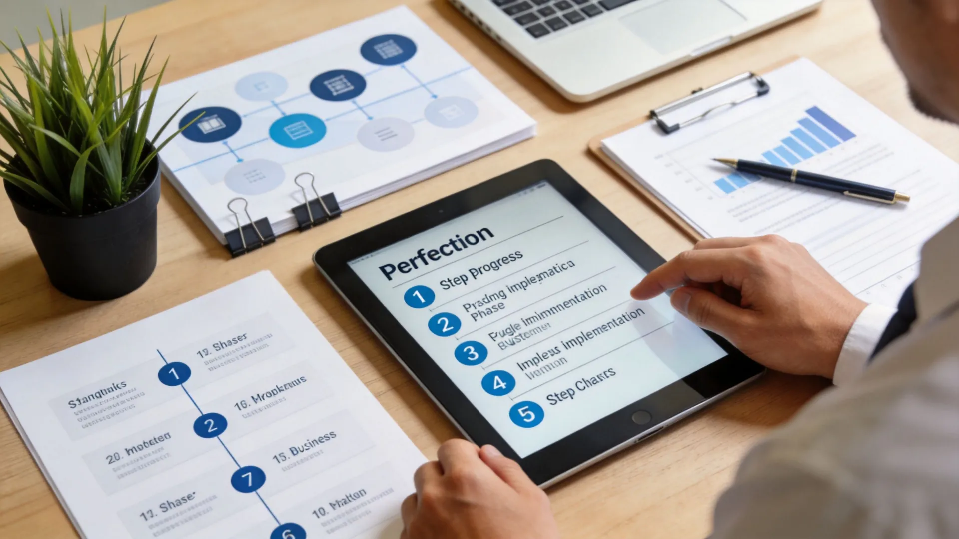 A professional analyzing business workflow progress on a digital tablet at a desk with charts.