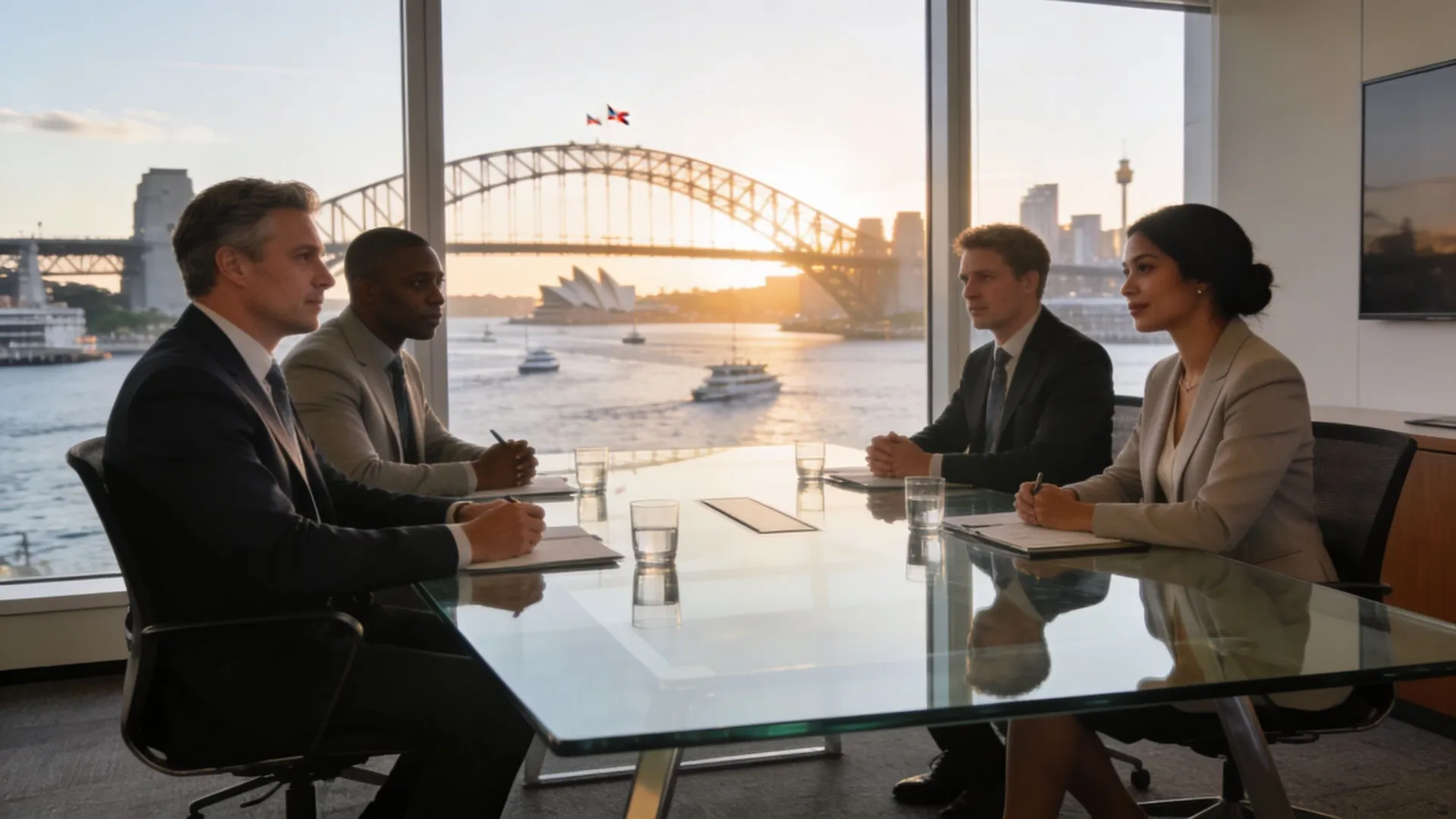 A professional team of business people sitting at a glass table during a meeting in Sydney.