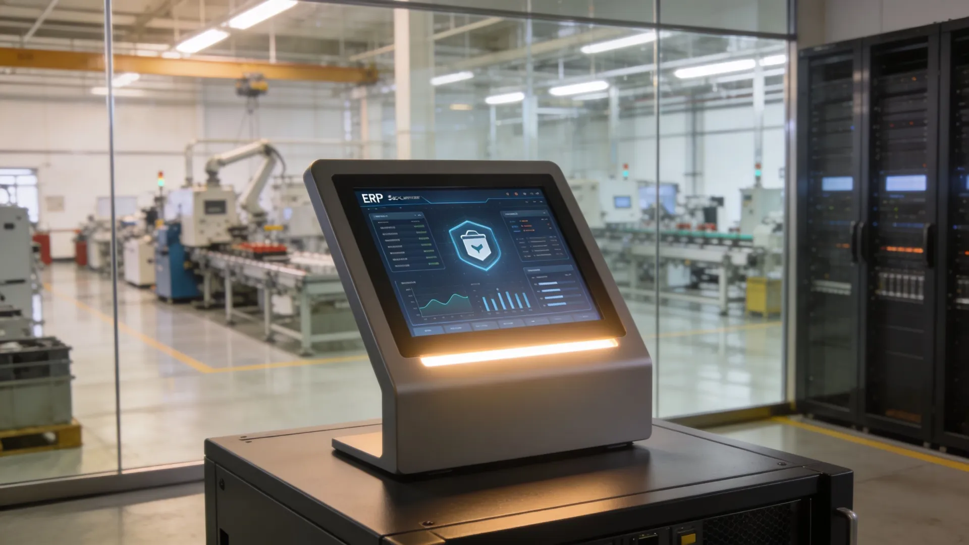 A digital ERP interface on a screen showing factory monitoring metrics in a clean industrial facility.