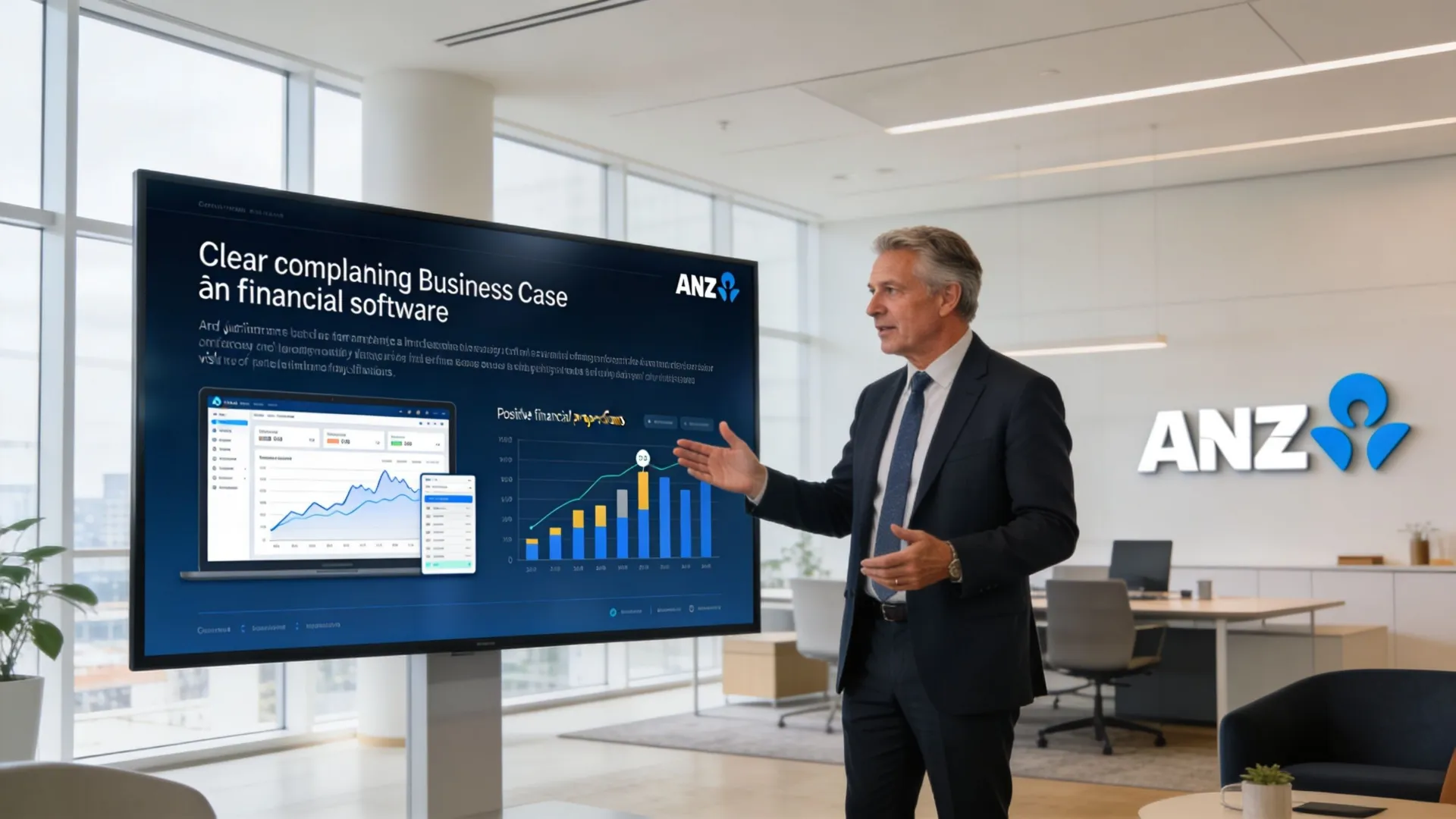 A professional man in a suit presenting a financial reporting software business case on a large screen.