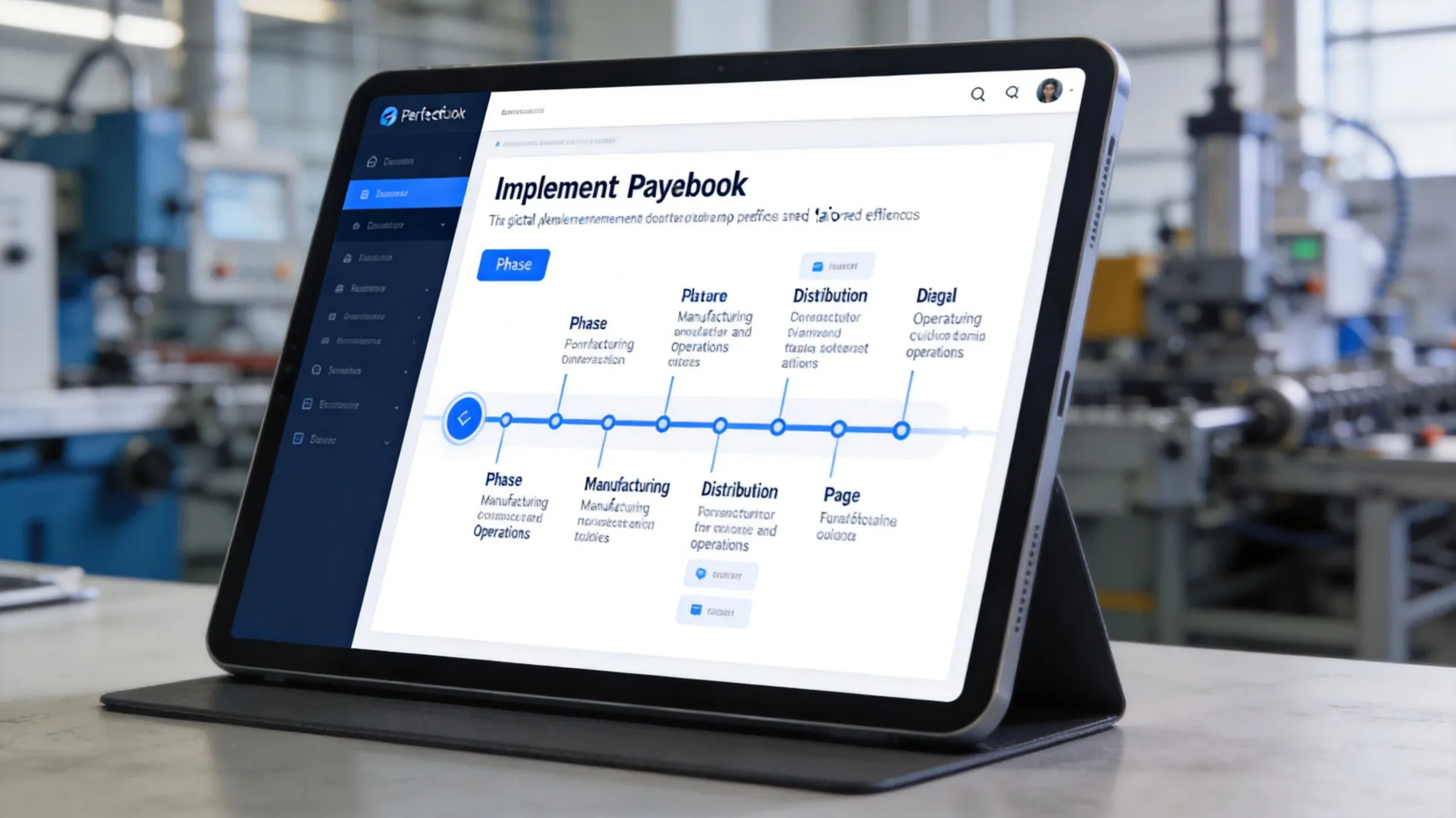 A digital tablet displaying financial reporting software with a workflow roadmap on a workshop background.