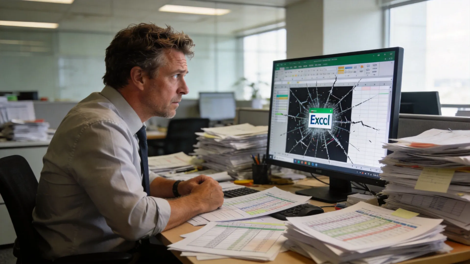 An office worker looking concerned at a cracked computer monitor displaying an Excel software error screen.