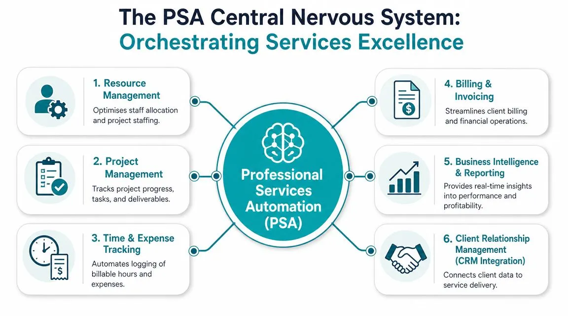 A diagram illustrating the six core components of a Professional Services Automation (PSA) central nervous system.