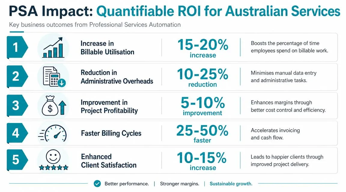 An infographic showing five key business benefits and ROI metrics of implementing professional services automation software.