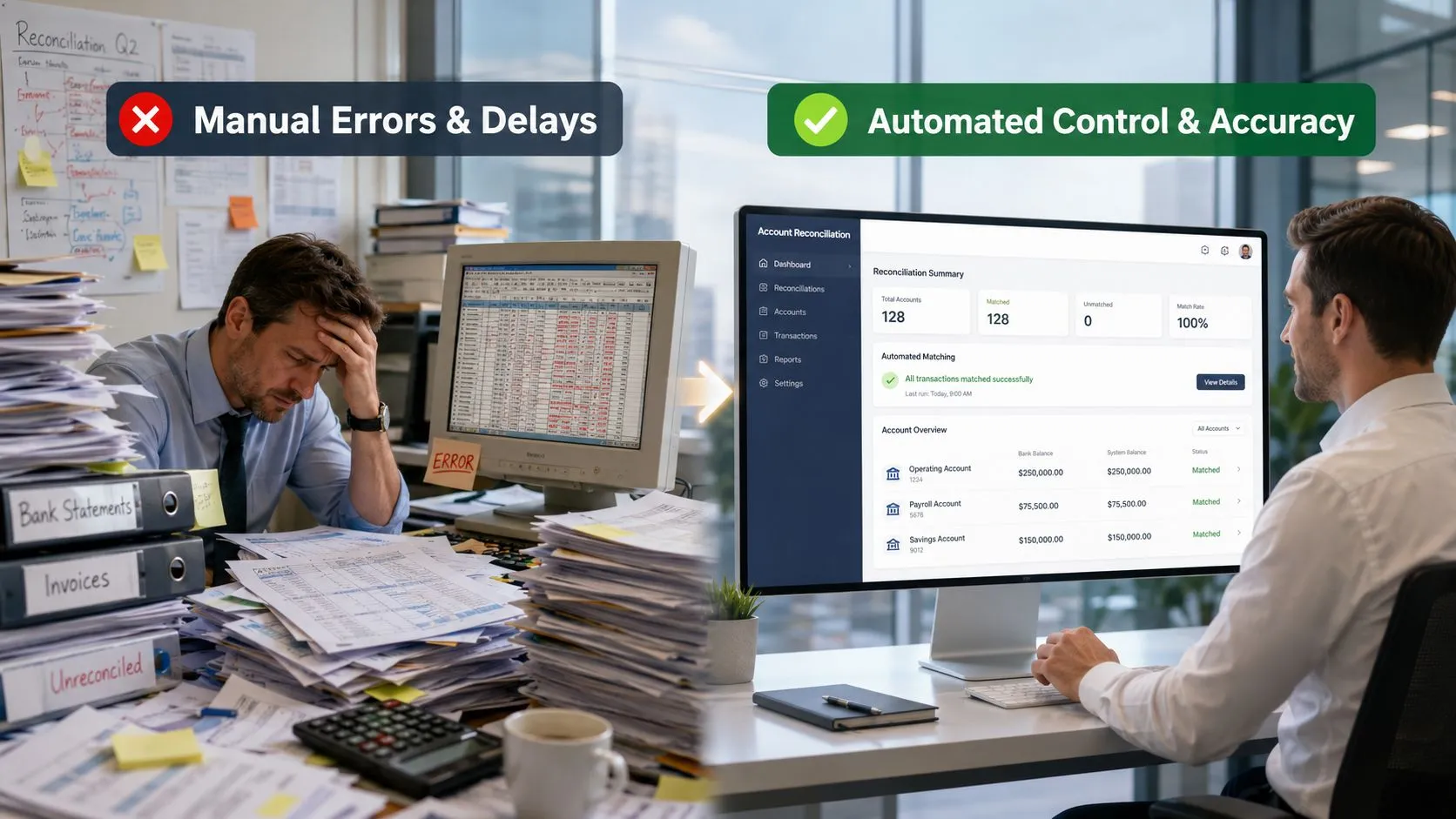 A split image contrasting manual, disorganized financial reconciliation with efficient, automated software accounting processes.