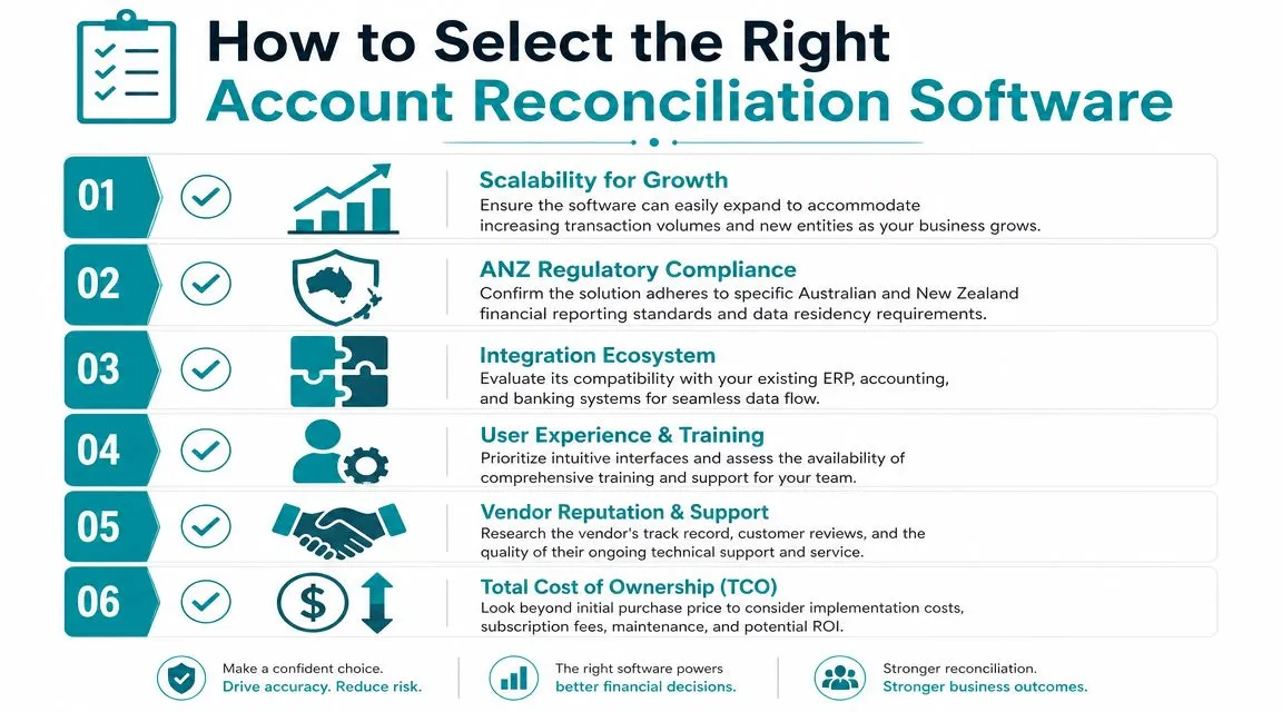 A professional infographic outlining six key steps for selecting the right account reconciliation software for businesses.