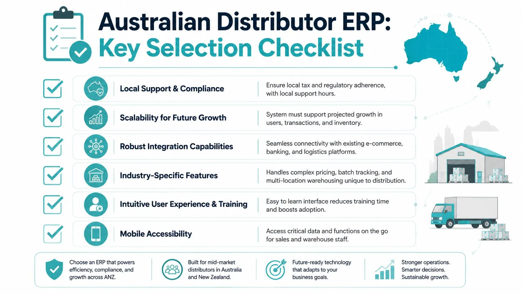 A checklist infographic outlining key features to look for when choosing ERP software for Australian distributors.