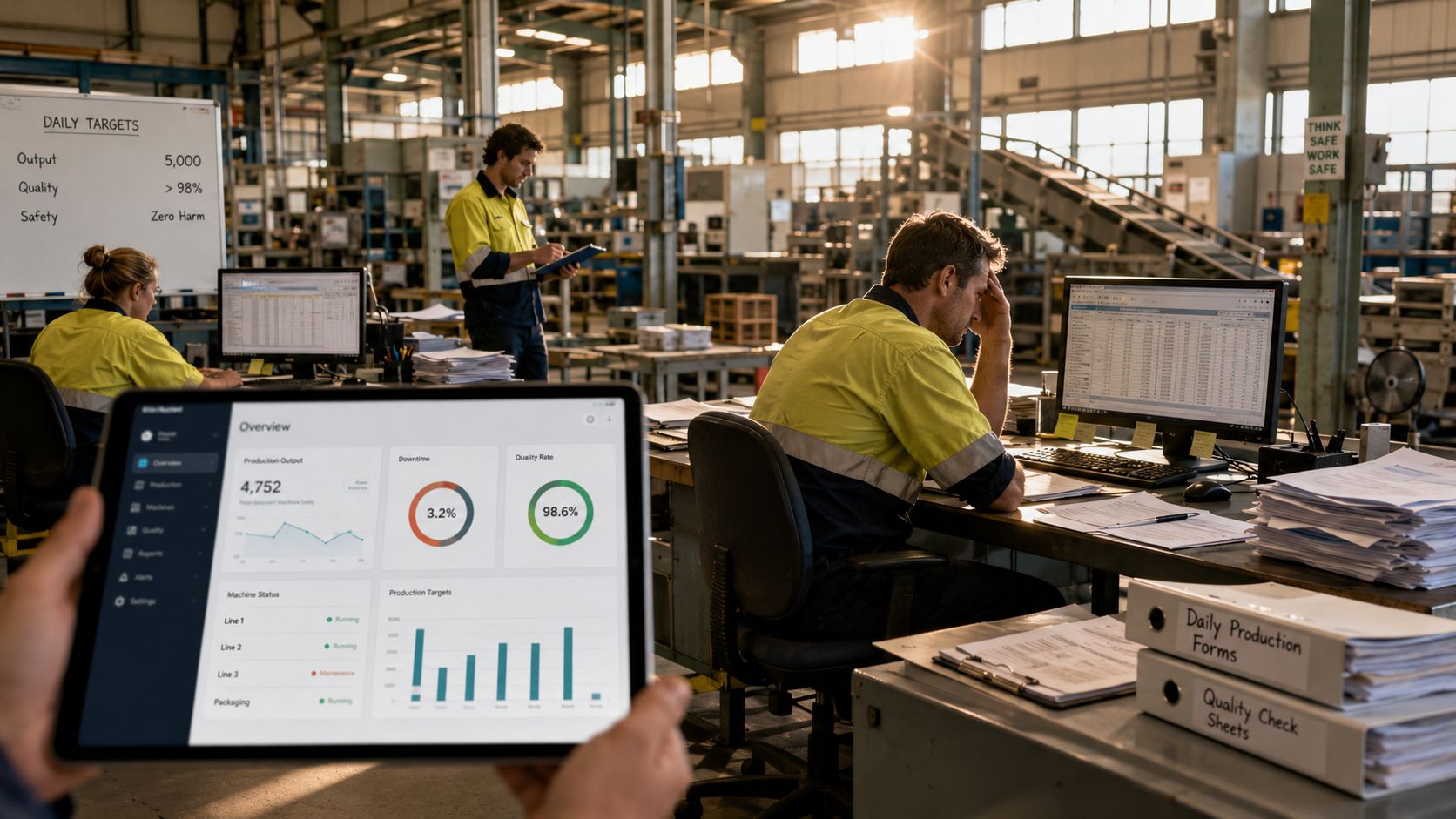 A factory environment where employees use digital tablets and computers for monitoring production and performance data.